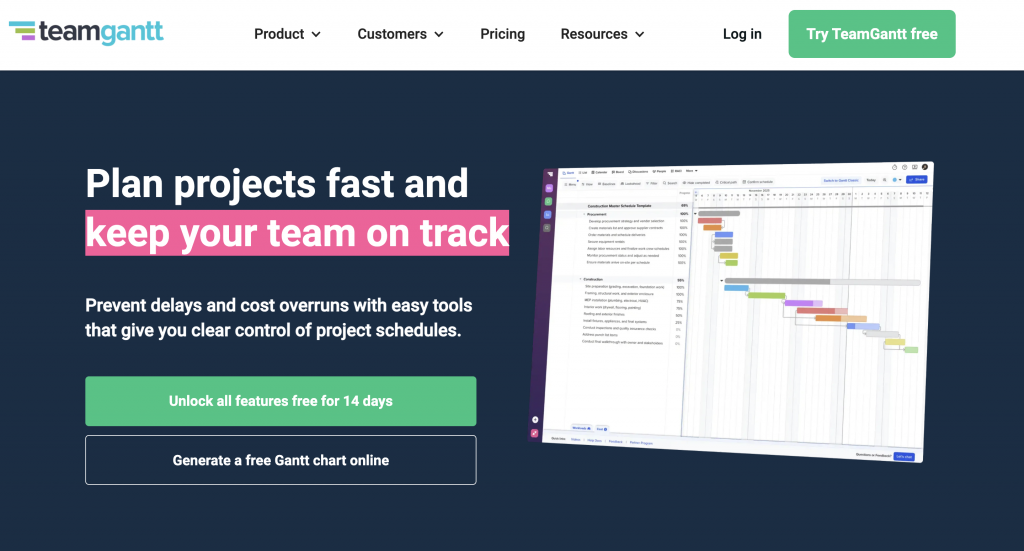 Screenshot of TeamGantt Gantt chart maker landing page